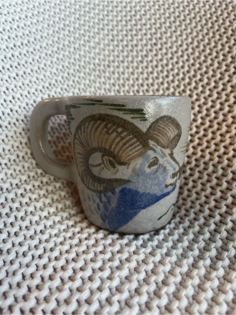 Ceramic Ram Motif Mug in Gray and Blue signed by Eddy Kourishima